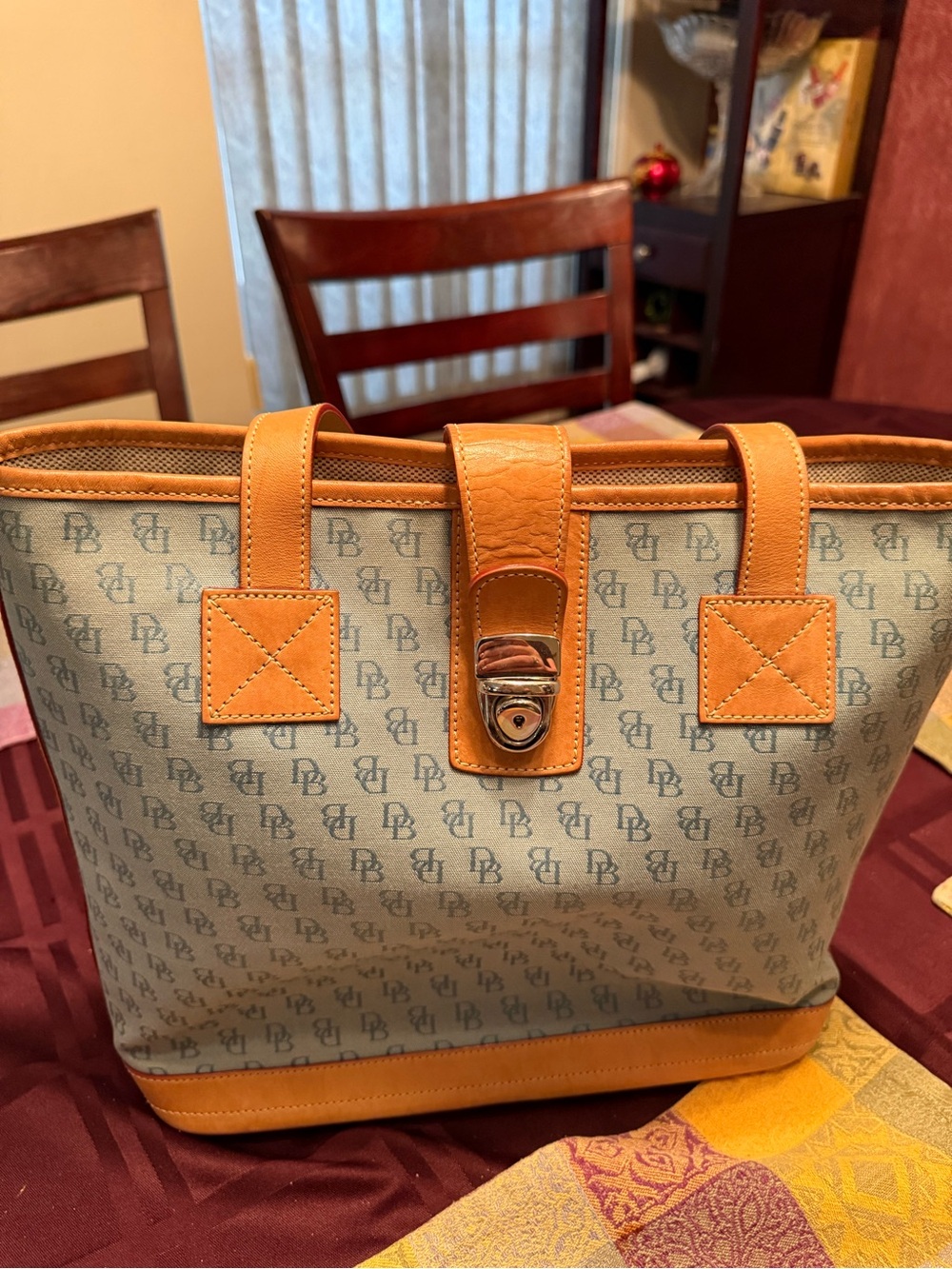 Dooney & Bourke Blue Logo Canvas Shoulder Bag with Tan Leather Trim